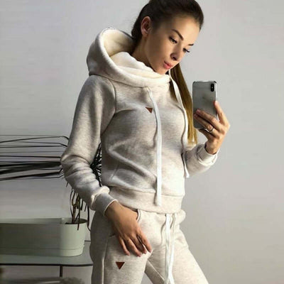 Women's Fleece Leather Seal Long Sleeve Hooded Casual Sports Suit eprolo