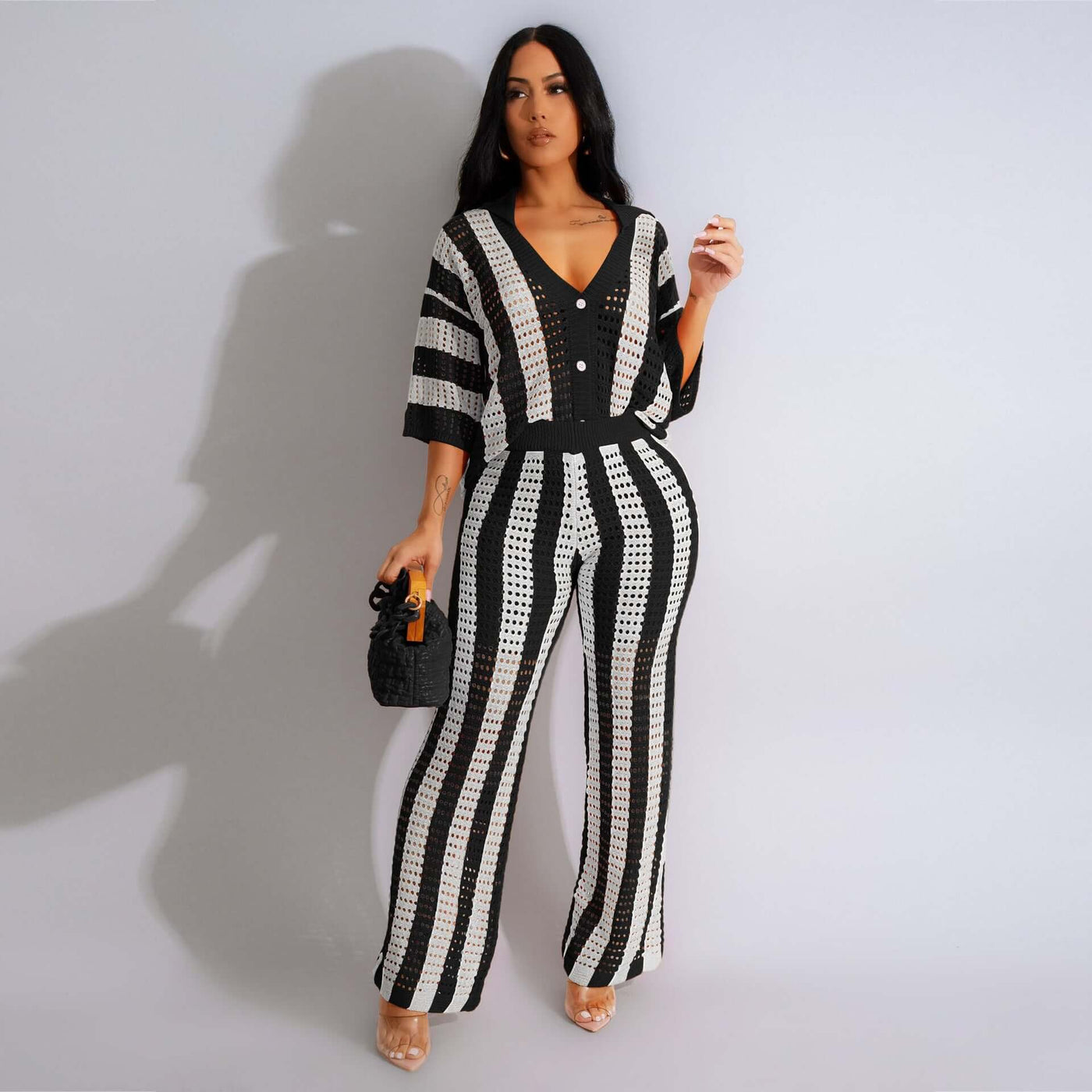Women's Sexy V-neck Hollow Striped Lapel Knitted Width Blouse And Pants eprolo