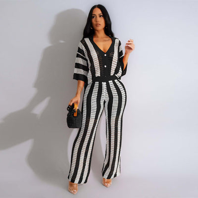 Women's Sexy V-neck Hollow Striped Lapel Knitted Width Blouse And Pants eprolo