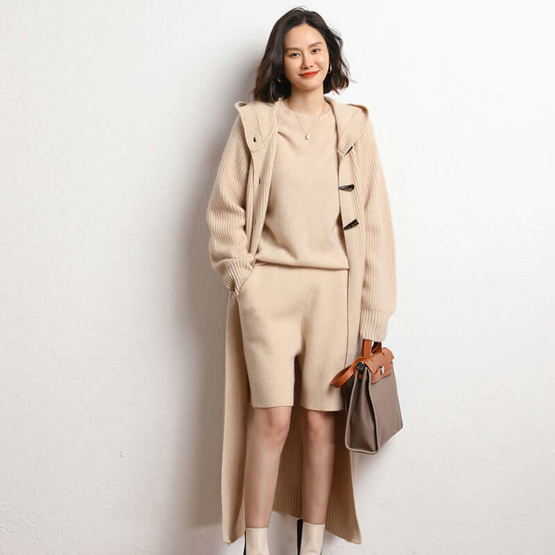 Long Below Knee Thickening Hooded Sweater Horn Button Trench Coat eprolo