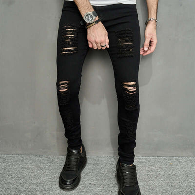 Men's trendy ripped denim jeans with a stylish pencil fit in black, ideal for casual wear.