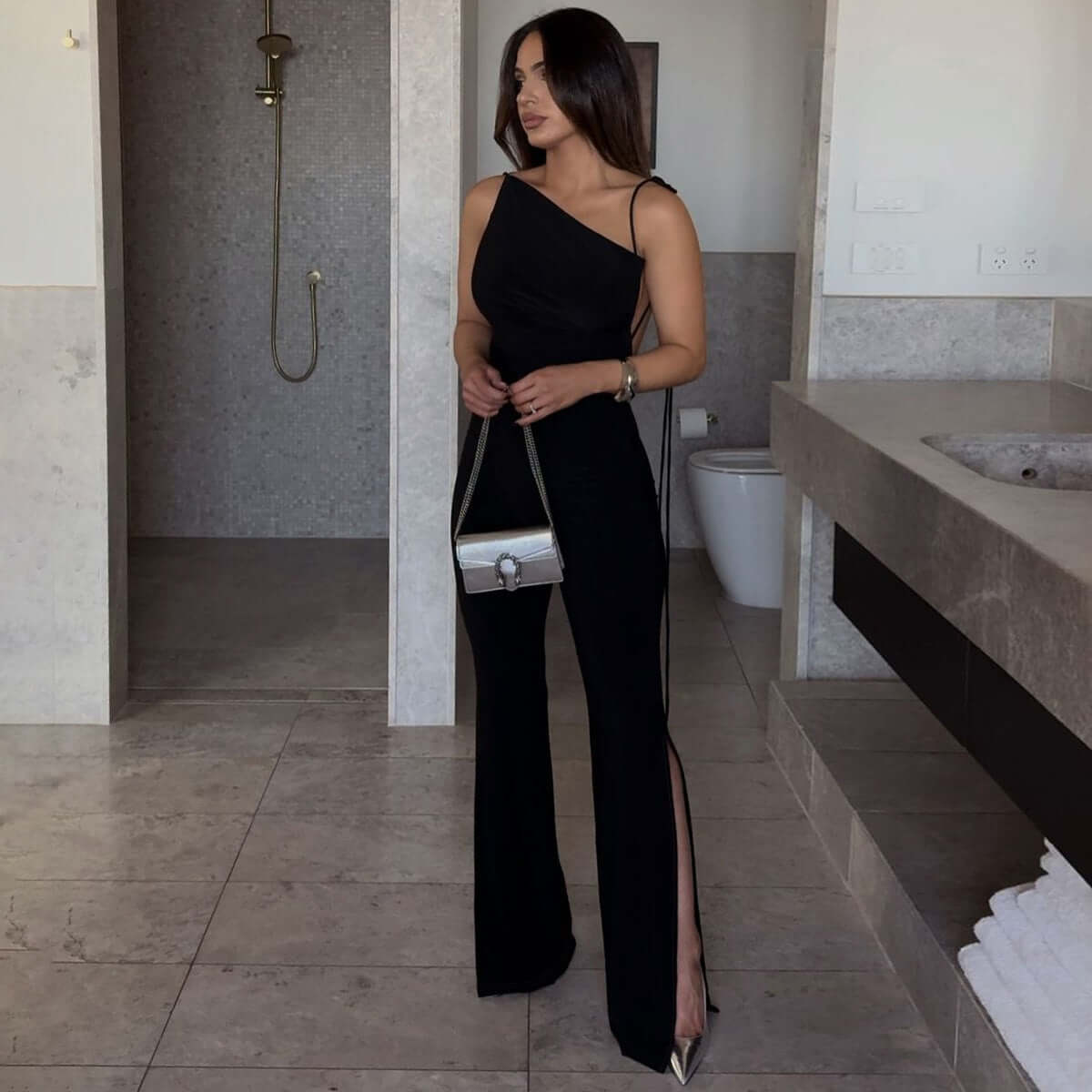 Female Fashionable With Side-slit Slim Fit Bodysuit Astrazona