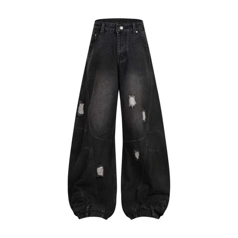 Retro washed ripped black straight jeans with deconstruction stitching and casual style