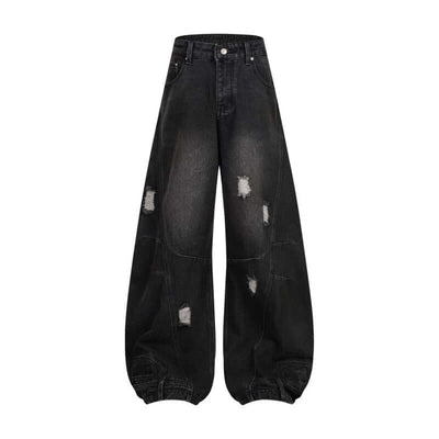 Retro washed ripped black straight jeans with deconstruction stitching and casual style