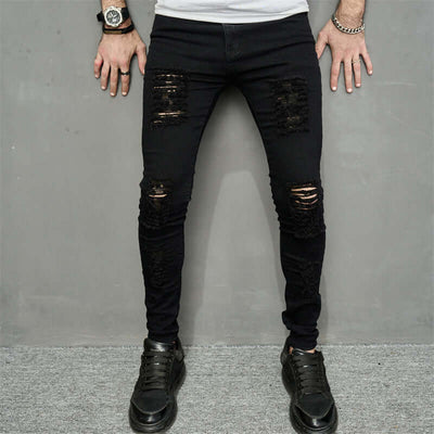 Men's trendy ripped black denim skinny jeans with a mid-waist fit and stylish personality.