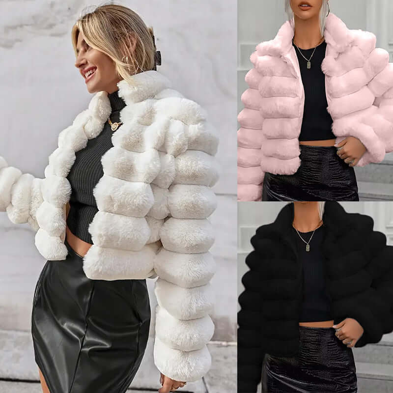 Stylish women's autumn and winter imitation fur coats in white, pink, and black, featuring faux fur collars.