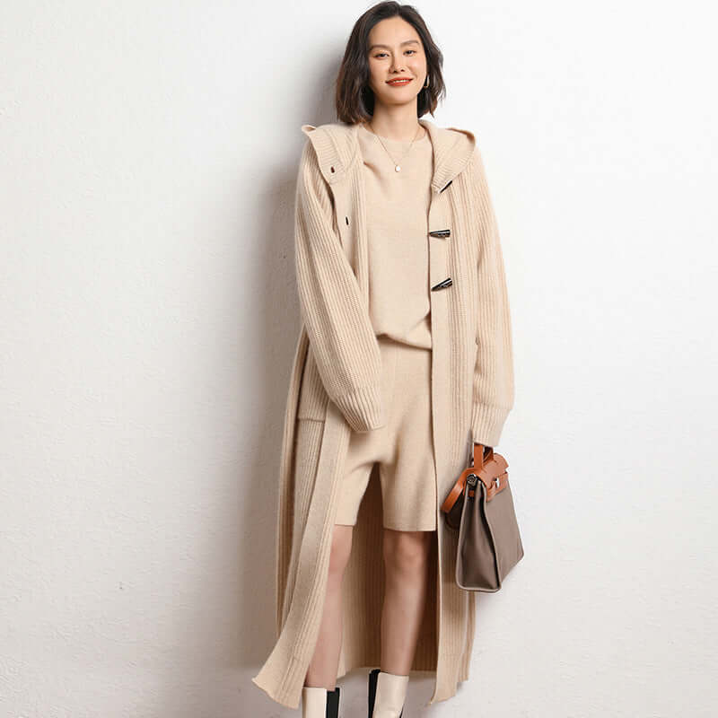 Long Below Knee Thickening Hooded Sweater Horn Button Trench Coat eprolo