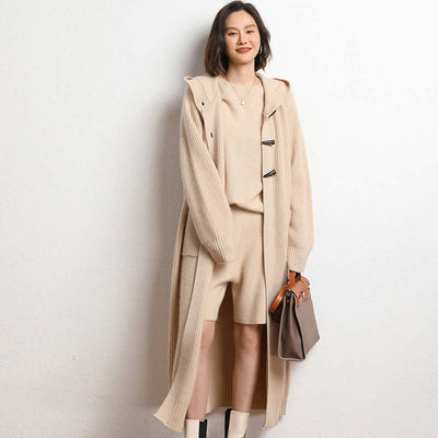 Long Below Knee Thickening Hooded Sweater Horn Button Trench Coat eprolo