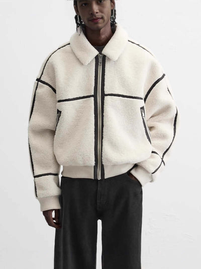 Men's casual fleece jacket in solid ground white with black accents, perfect for winter wear.