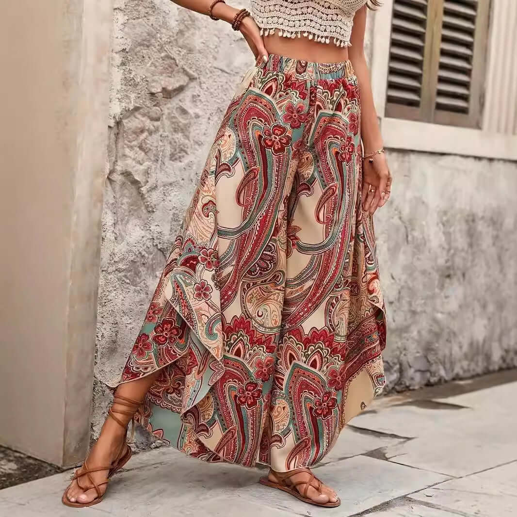 Elegant High Waist Casual Bohemian Vacation Style Wide Leg Pants eprolo