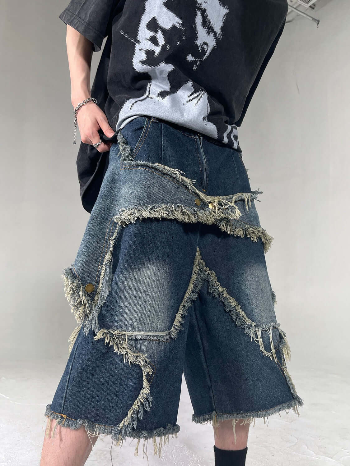 American Retro Frayed Five-pointed Star Denim Shorts Loose eprolo