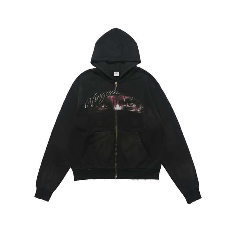 Washed Printed Hoodie Spray Paint Fleece-lined Double Zipper Coat eprolo