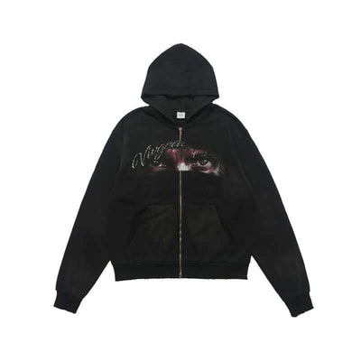 Washed Printed Hoodie Spray Paint Fleece-lined Double Zipper Coat eprolo
