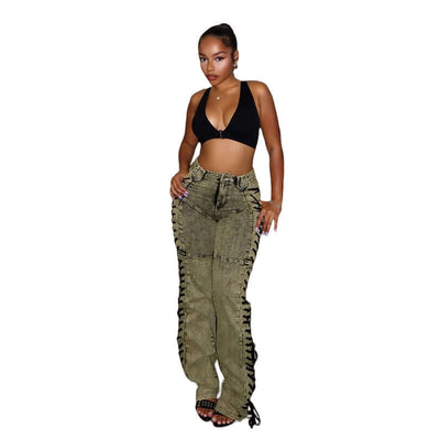 European And American Fashion Women's Wear Bandage Drawstring Hot Girl Jeans Dropshipman