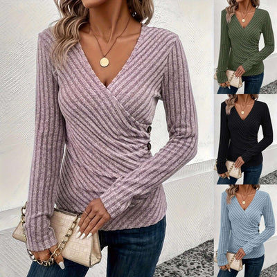 Spring And Autumn Women's Solid Color And V-neck Long-sleeved T-shirt Top eprolo