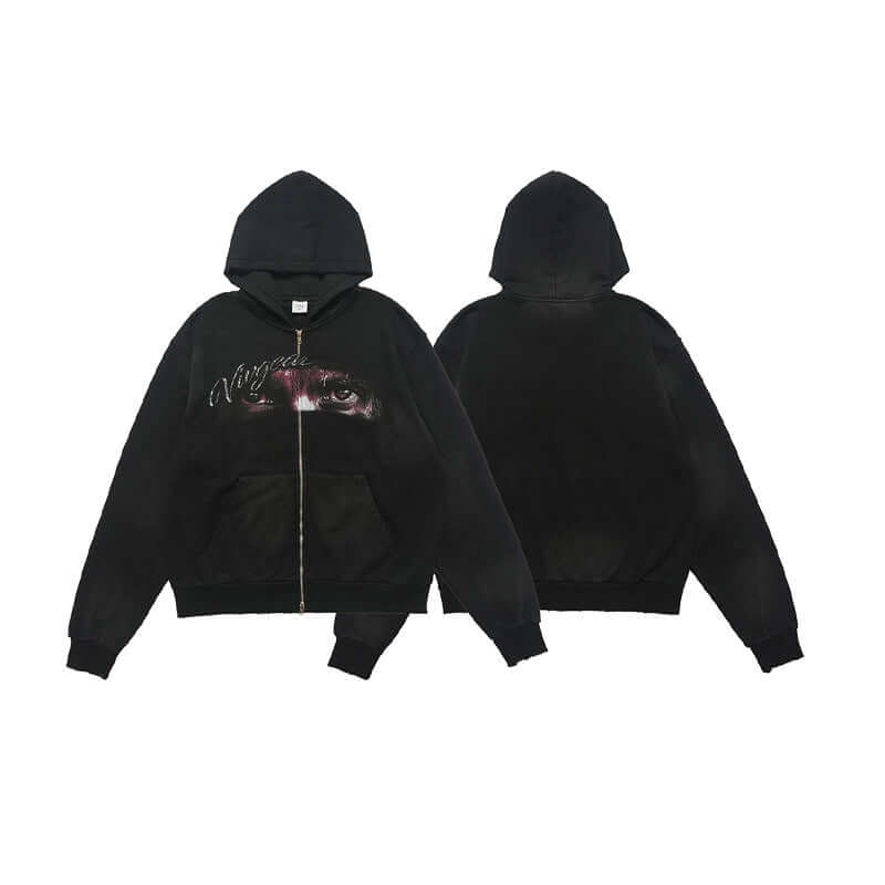 Washed Printed Hoodie Spray Paint Fleece-lined Double Zipper Coat eprolo