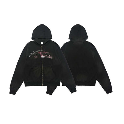 Washed Printed Hoodie Spray Paint Fleece-lined Double Zipper Coat eprolo