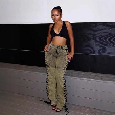 European And American Fashion Women's Wear Bandage Drawstring Hot Girl Jeans Dropshipman
