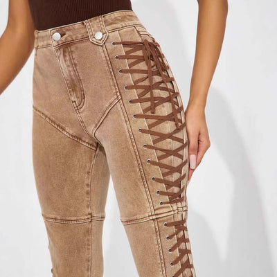 European And American Fashion Women's Wear Bandage Drawstring Hot Girl Jeans Dropshipman