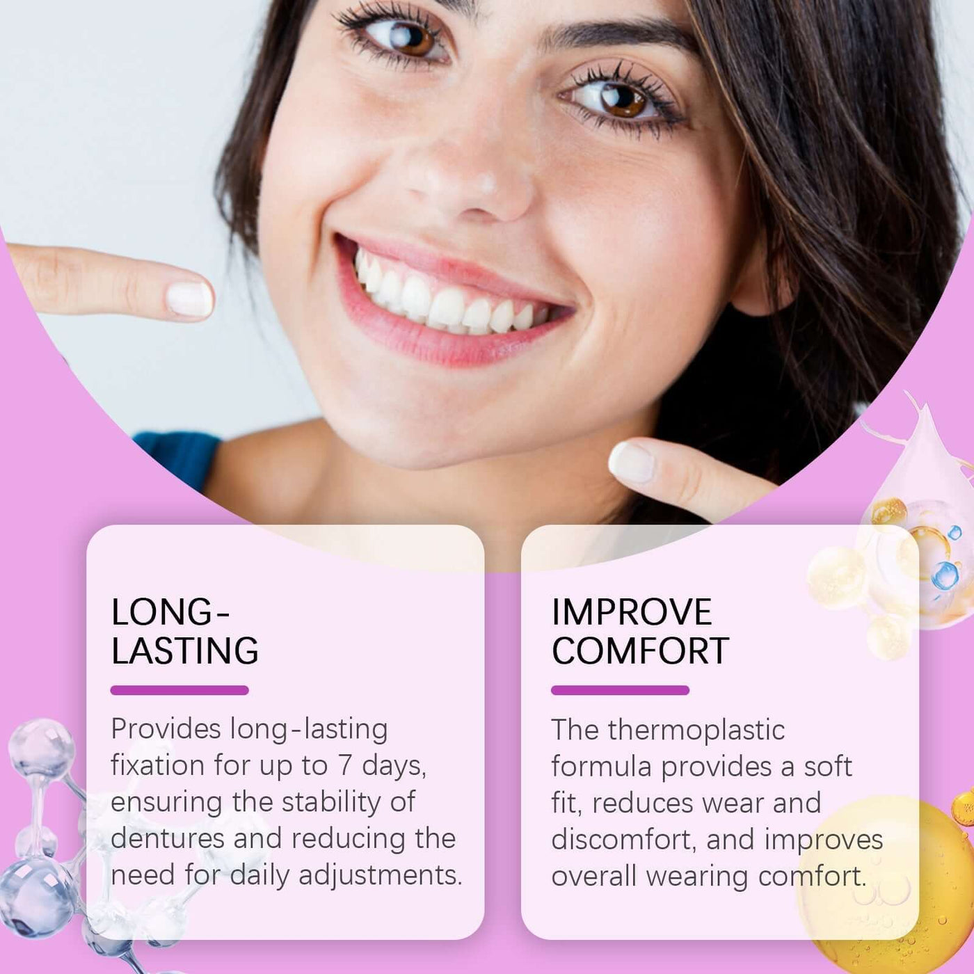 Smiling woman showcasing her teeth while promoting long-lasting comfort of ORALHOE denture fixing glue.