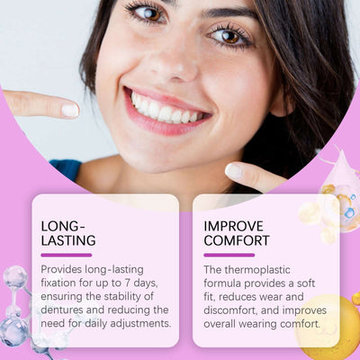 Smiling woman showcasing her teeth while promoting long-lasting comfort of ORALHOE denture fixing glue.