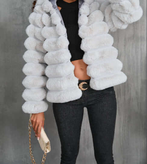 Women’s autumn winter imitation fur coat in light gray, featuring a faux fur collar and stylish design.