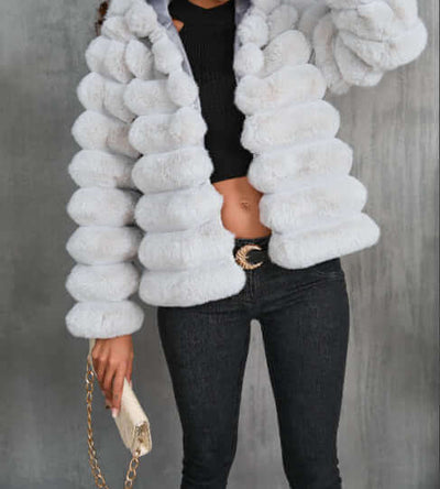 Women’s autumn winter imitation fur coat in light gray, featuring a faux fur collar and stylish design.