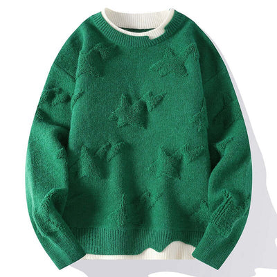 Green round neck pullover sweater with star patterns for men, perfect for autumn and winter plus sizes.
