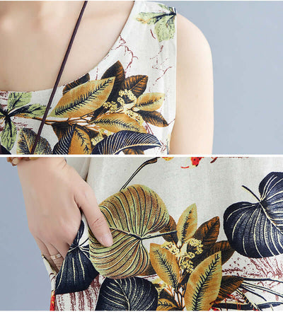Printed Cotton Linen Round Neck Sleeveless Dress Women's eprolo