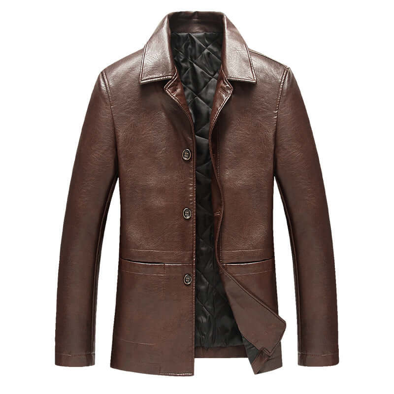 Brown cotton lapel leather jacket for middle-aged and elderly men, single-breasted with a fitted design.