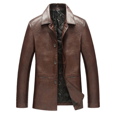 Brown cotton lapel leather jacket for middle-aged and elderly men, single-breasted with a fitted design.