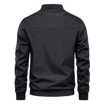 Back view of a black casual Korean jacket for men, featuring a comfortable fit and stylish design.