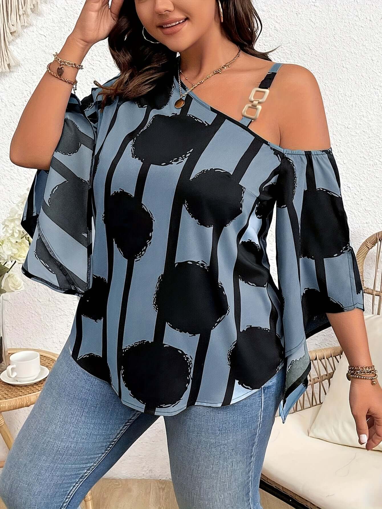 Women's Plus Size Printed Fashion Off-the-Shoulder Charming Chain Three-quarter Sleeve Blouse - Casual Top eprolo