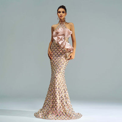 "Sparkling Sequin Halter Mermaid Evening Dress