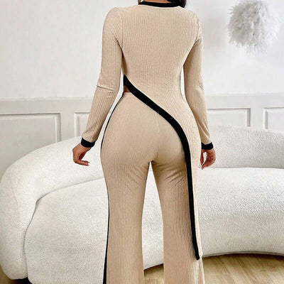 Women's 2 Piece Outfit Sexy Asymmetrical Hem Long Sleeve Top And Wide Leg Pants Sets Elegant Vacation Going Out Suit eprolo