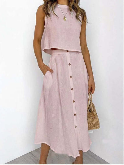 Women's Fashionable Simple Round Neck Vest Shirt Mid-length Dress Two-piece Suit eprolo