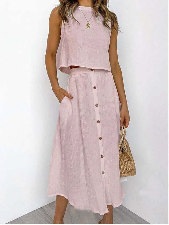 Women's Fashionable Simple Round Neck Vest Shirt Mid-length Dress Two-piece Suit eprolo