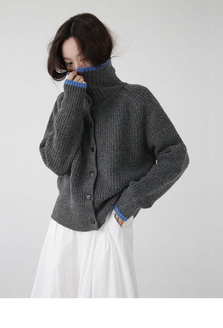 Color Blocking Collar Single Breasted Wool Knitted Cardigan Jacket eprolo