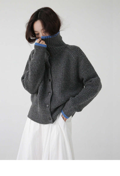 Color Blocking Collar Single Breasted Wool Knitted Cardigan Jacket eprolo