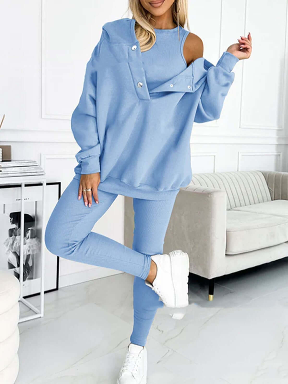 3pcs Women's Sports Suit Loose Hooded Pockets Sweatshirt And Vest And Slim Trousers eprolo