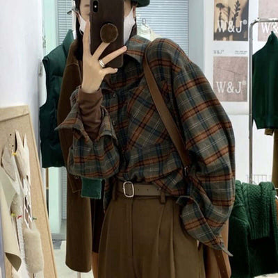 Vintage Women's Plaid Shirt Oversized Blouse Korean Fashion Long Sleeve Top eprolo