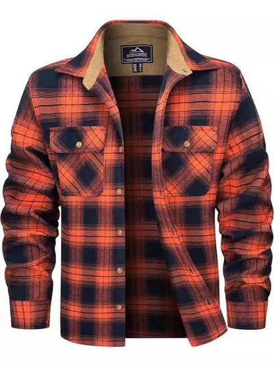 Men's orange and navy plaid flannel shirt with button-up design, suitable for casual autumn and winter wear.