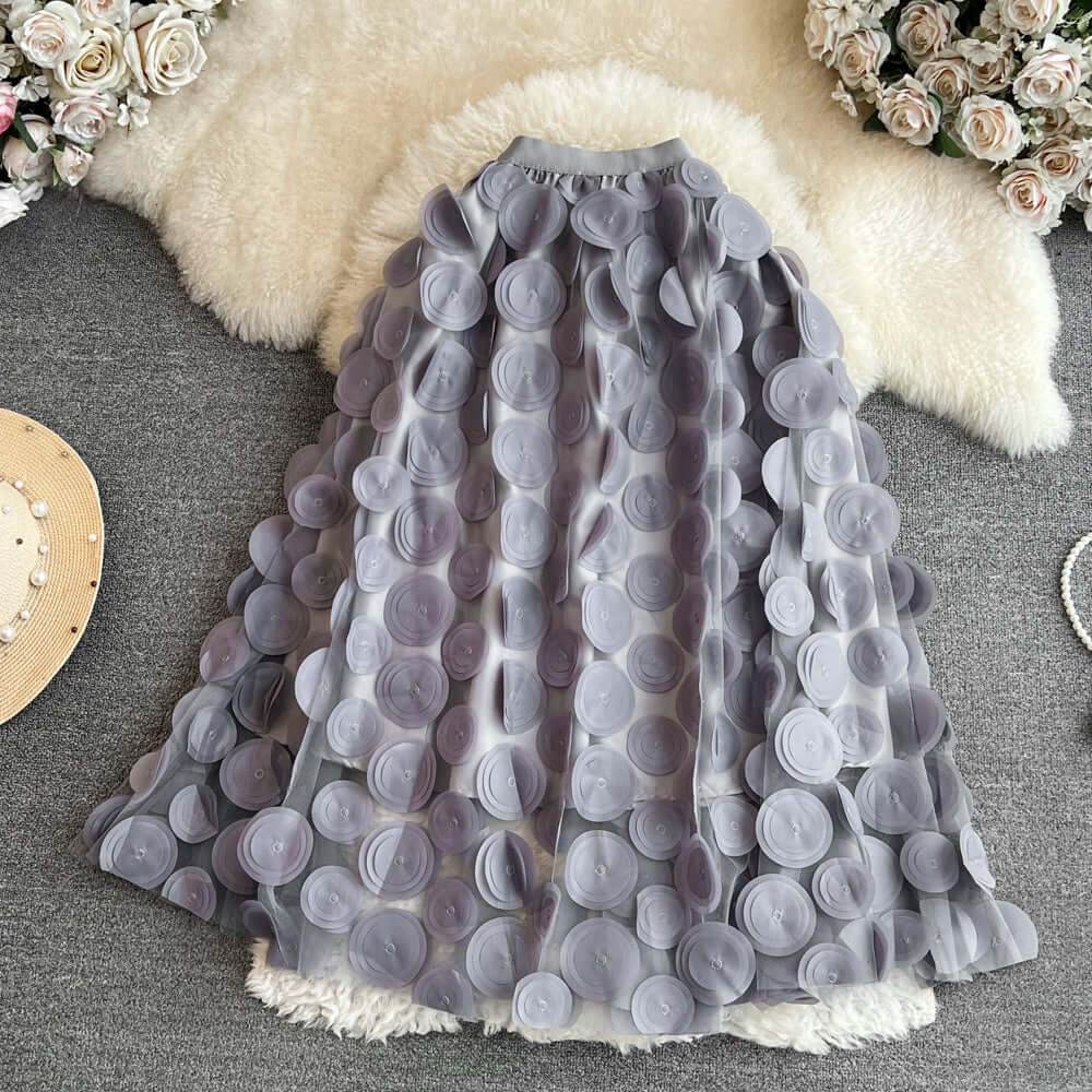 Retro High Waist Mid-length Three-dimensional Flower Mesh Skirt eprolo