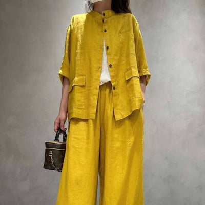 Solid Color Linen Suit Half Sleeve Shirt Casual Pants eprolo