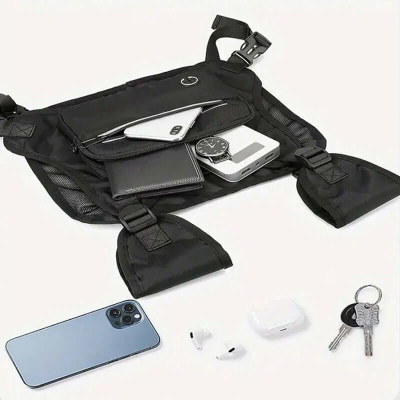 Adjustable reflective chest bag vest with breathable mesh for running and cycling