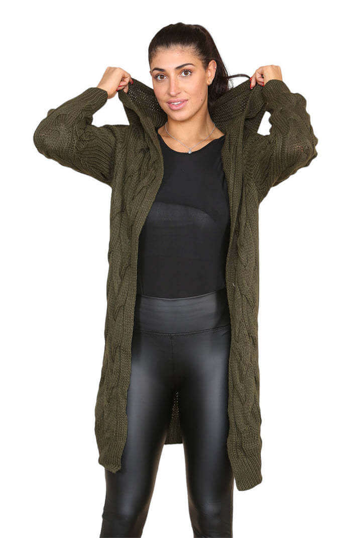Knitted Cables Hooded Long Over Sized Cardigan eprolo