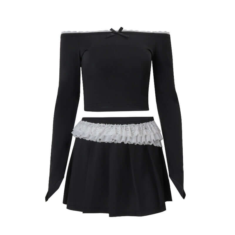 Pure Desire Wind Sweet One Shoulder Bow Long Sleeve Top Half Body Short Skirt Set