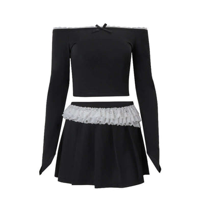 Pure Desire Wind Sweet One Shoulder Bow Long Sleeve Top Half Body Short Skirt Set