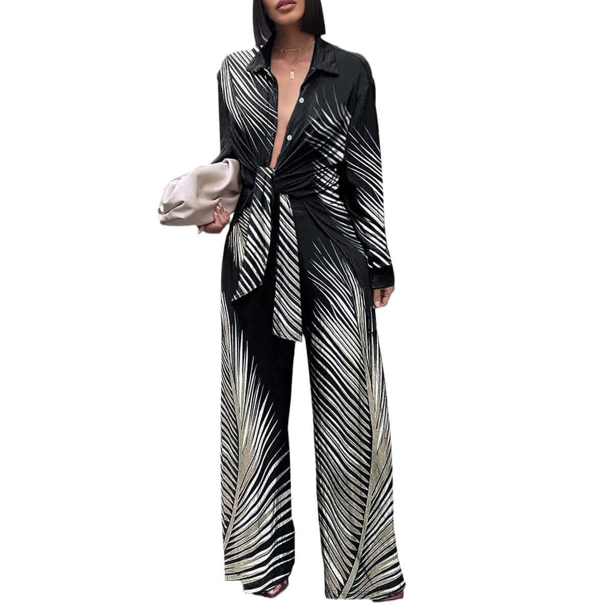 Women's Fashion Printed Long-sleeved Trousers Casual Shirt Two-piece Set eprolo