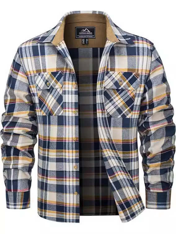 Men's flannel casual button shirt in navy and orange plaid design, perfect for fall and winter, available in multiple sizes.
